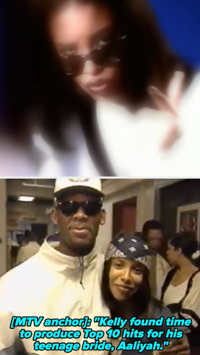 Aaliyah in her "Age Ain't Nothing but a Number" music video; R. Kelly and Aaliyah posing in an MTV segment in 1994