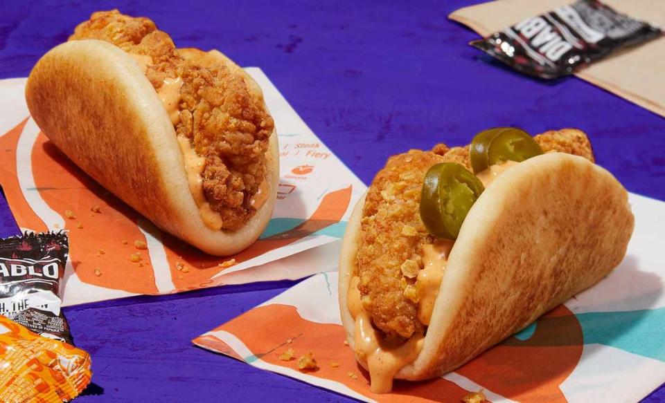 The Crispy Chicken Sandwich Taco lands at Taco Bell restaurants nationwide this year, the chain said. A spicy version is also heading to menus.