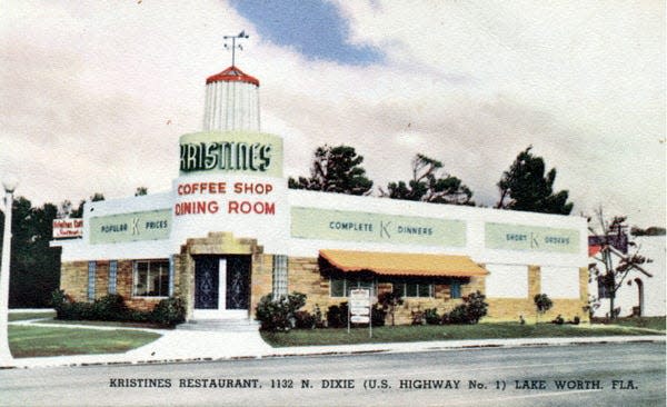 An undated postcard image of Kristine's restaurant at 1132. N. Dixie Hwy. Lake Worth Beach. The iconic art deco building was built in 1949.