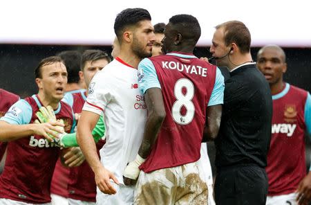 Football Soccer - West Ham United v Liverpool - Barclays Premier League - Upton Park - 2/1/16 Liverpool's Emre Can clashes with West Ham's Cheikhou Kouyate Action Images via Reuters / John Sibley Livepic