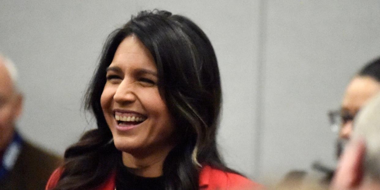 Democratic presidential candidate U.S. Rep. Tulsi Gabbard, D-Hawaii speaks to Democrats gathered at the Spratt Issues Conference in Greenville, S.C., Saturday, Dec. 14, 2019.  (AP Photo/Meg Kinnard)