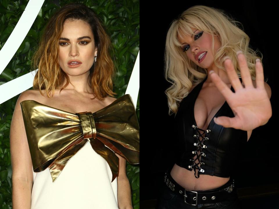 On the left: Lily James wearing a white dress with a gold bow at the 2019 Britain Film Awards. On the right: James as Pamela Anderson on "Pam & Tommy."