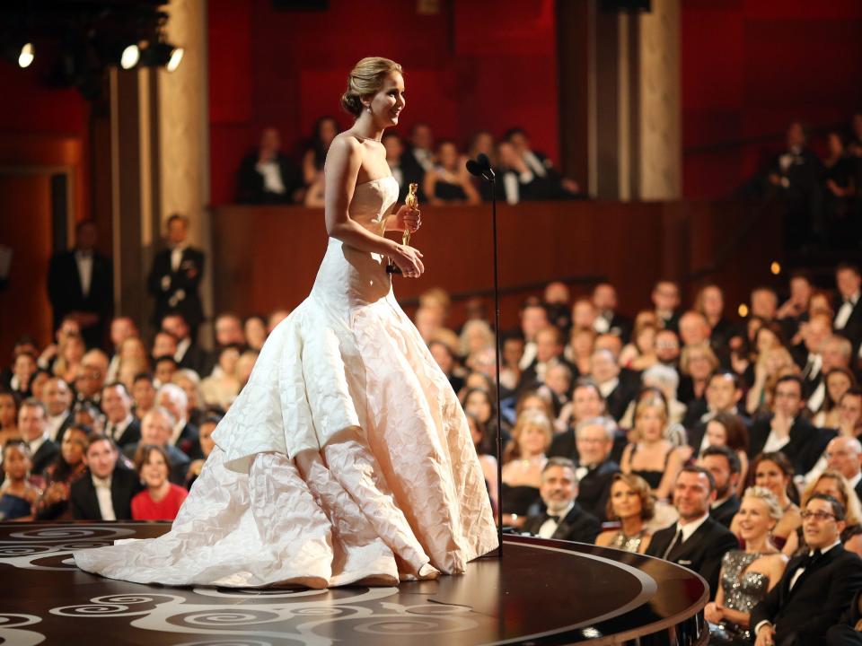 Jennifer Lawrence onstage after winning the award for Actress in a Leading Role during the Oscars held at the Dolby Theatre on February 24, 2013 in Hollywood, California.