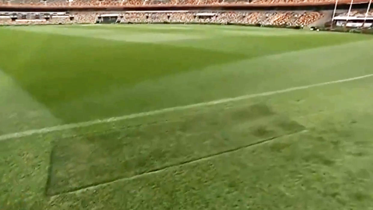 The MCG turf, pictured here outside the boundary line at the Gabba.