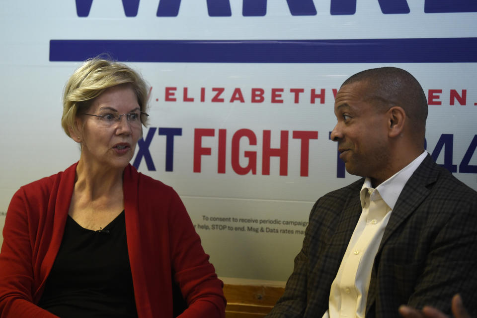 Democratic presidential contender and U.S. Sen. Elizabeth Warren speaks with state Sen. Marlon Kimpson about her plans for environmental justice during a campaign stop in Charleston, S.C., on Wednesday, Oct. 9, 2019. (AP Photo/Meg Kinnard)