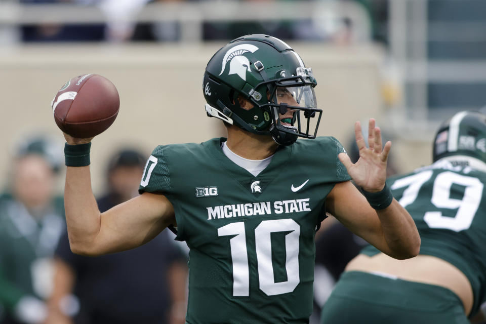 Michigan State quarterback Payton Thorne throws a pass against Minnesota during the first quarter of an NCAA college football game, Saturday, Sept. 24, 2022, in East Lansing, Mich. (AP Photo/Al Goldis)