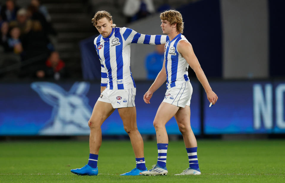 Hugh Greenwood and Jason Horne-Francis, pictured here in action for North Melbourne against GWS.