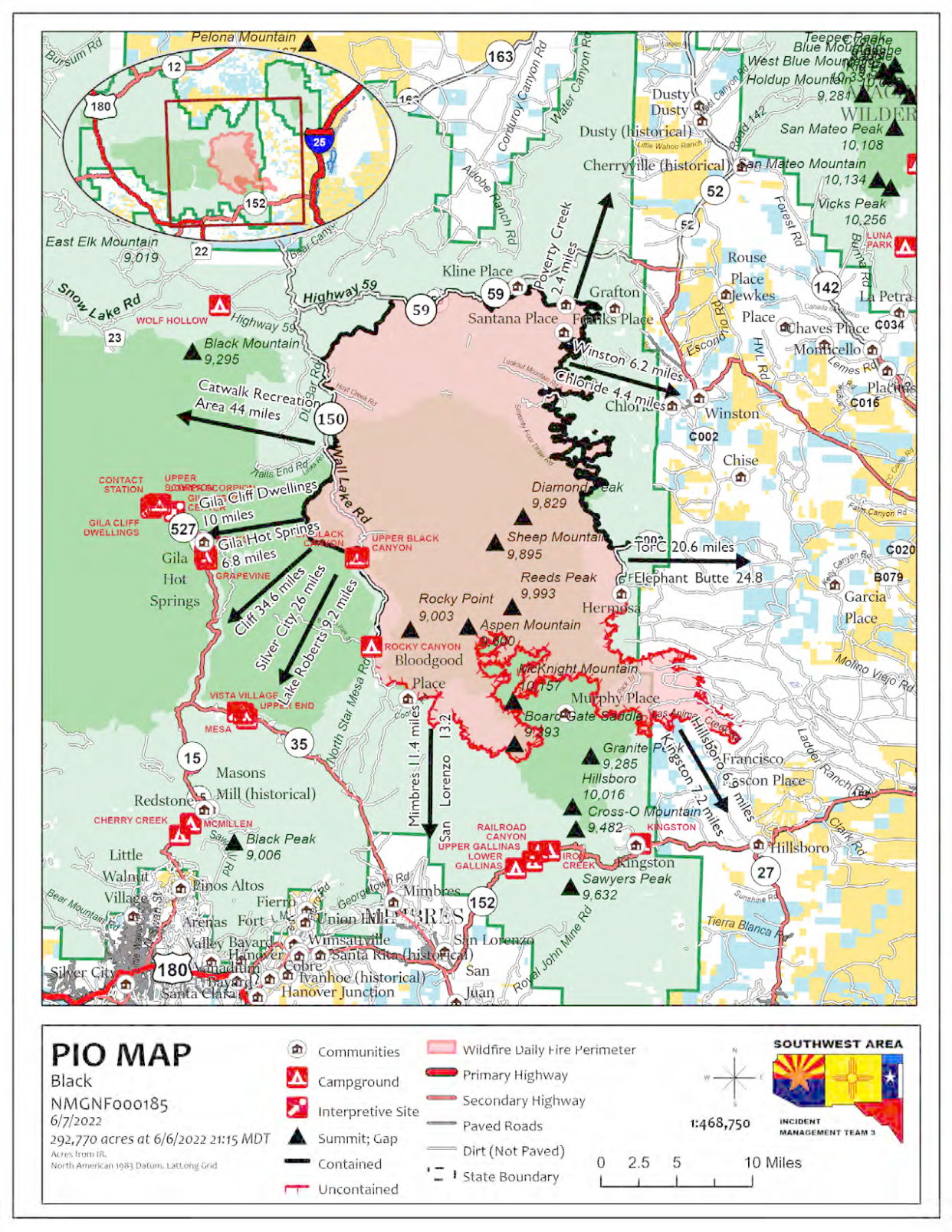 An updated map shows the distance the Black Fire is from surrounding communities in the Gila National Forest Tuesday, June 7, 2022.