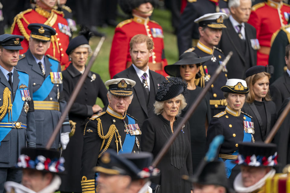 Members of the royal family including Prince William, Prince Harry, Meghan Markle, King Charles III, Queen Camilla and the Princess Royal attend the state funeral of Queen Elizabeth II