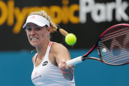 Tennis - Sydney International - Olympic Park, Sydney, Australia - 10/1/17 Angelique Kerber of Germany plays a forehands return to Daria Kasatkina of Russia. REUTERS/Jason Reed