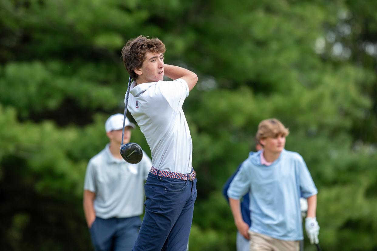 Wall's Boden Pepe competes during the Shore Conference Championship at Charleston Spring Golf Course in Millstone Twp., NJ Wednesday, April 24, 2024.