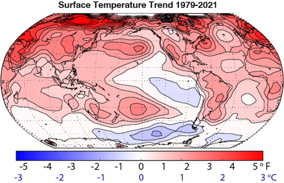 Surface temperatures increased over most of the planet from 1979 to 2021, with parts of the Arctic rising as much as 5 F (3 C). Courtesy of Dennis Hartmann