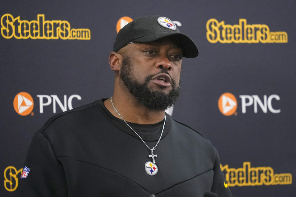 Pittsburgh Steelers head coach Mike Tomlin speaks to reporters following an NFL football game against the Baltimore Ravens, Saturday, Jan. 6, 2024 in Baltimore. The Steelers won 17-10. (AP Photo/Matt Rourke)