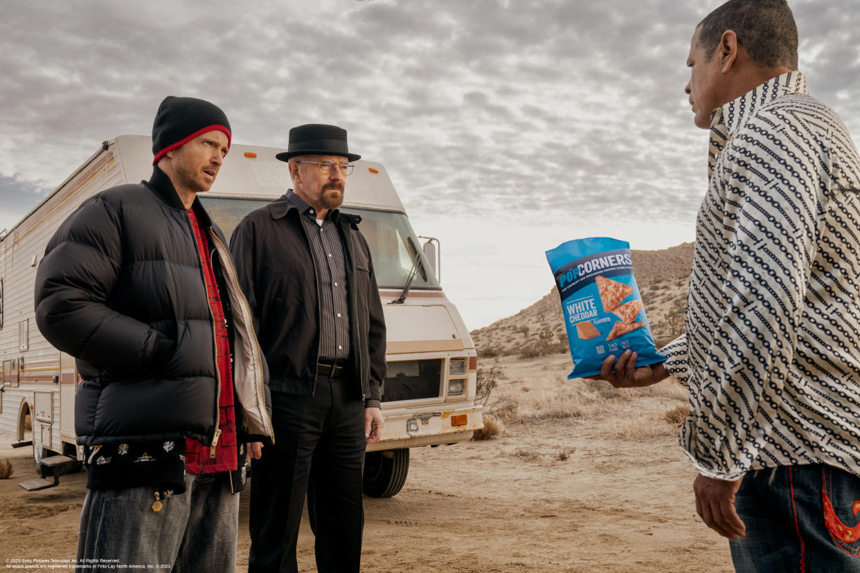 Bryan Cranston, Aaron Paul and Raymond Cruz reprise their Breaking Bad roles for new Super Bowl ad. (Photo credit: Courtesy of PopCorners)