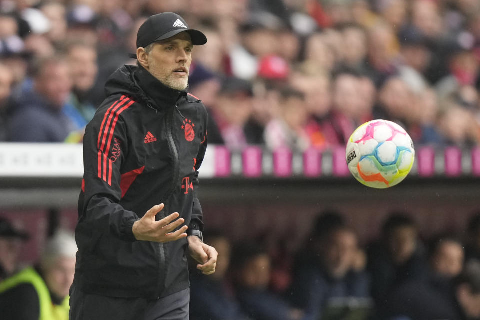 FILE - Bayern's head coach Thomas Tuchel passes the ball during the German Bundesliga soccer match between Bayern Munich and 1899 Hoffenheim, at the Allianz Arena stadium in Munich, Germany, Saturday, April 15, 2023. Tuchel will leave the club at the end of the season after a run of three straight losses raised the prospect of the club’s first season without a trophy in 12 years. Tuchel joined Bayern in March as the replacement for Julian Nagelsmann. (AP Photo/Matthias Schrader, File)