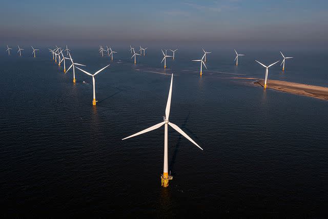 An aerial view shows wind turbines at RWE's Scroby Sands Wind Farm.