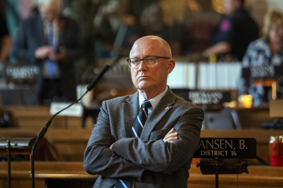 FILE - Speaker of the House John Arch crosses his arms as a point of order is called during a final reading on LB574, the Let Them Grow Act, Tuesday, May 16, 2023, at the State Capitol in Lincoln, Neb. A bill to limit transgender students’ access to bathrooms and sports teams has been advanced out of committee with just days to go until the end of the session. Arch announced late Thursday, April 4, 2024, that the bill would be debated the next day for no more than four hours. (Kenneth Ferriera/Lincoln Journal Star via AP, File)