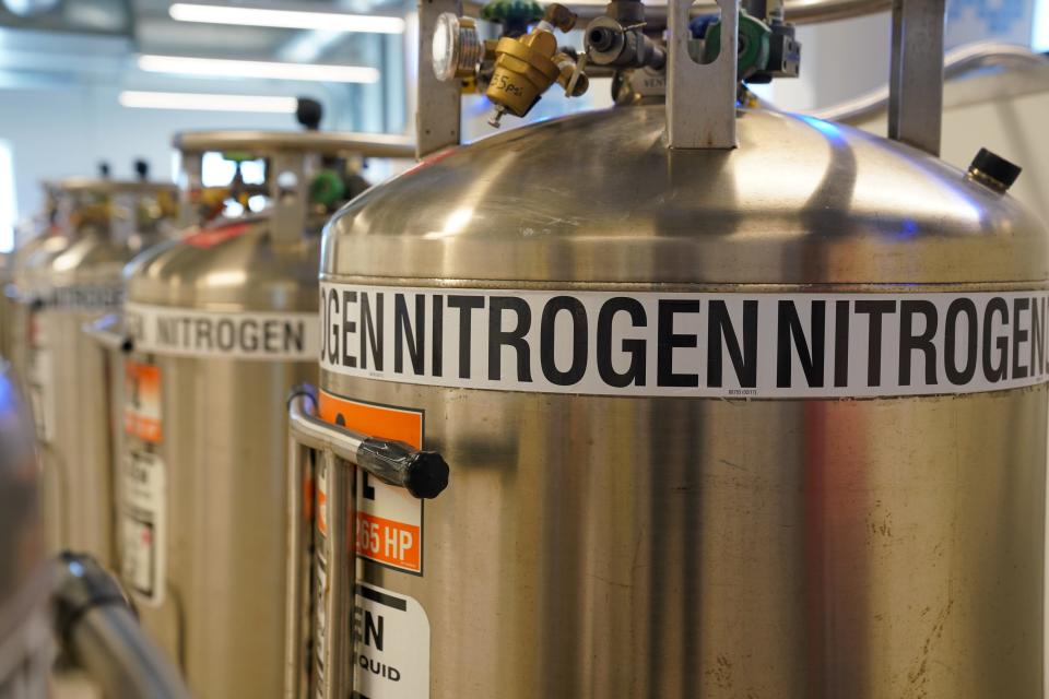 Liquid nitrogen is used to keep robotic IVF and egg storage systems cold at the TMRW Life Sciences lab in Boulder, Colorado.