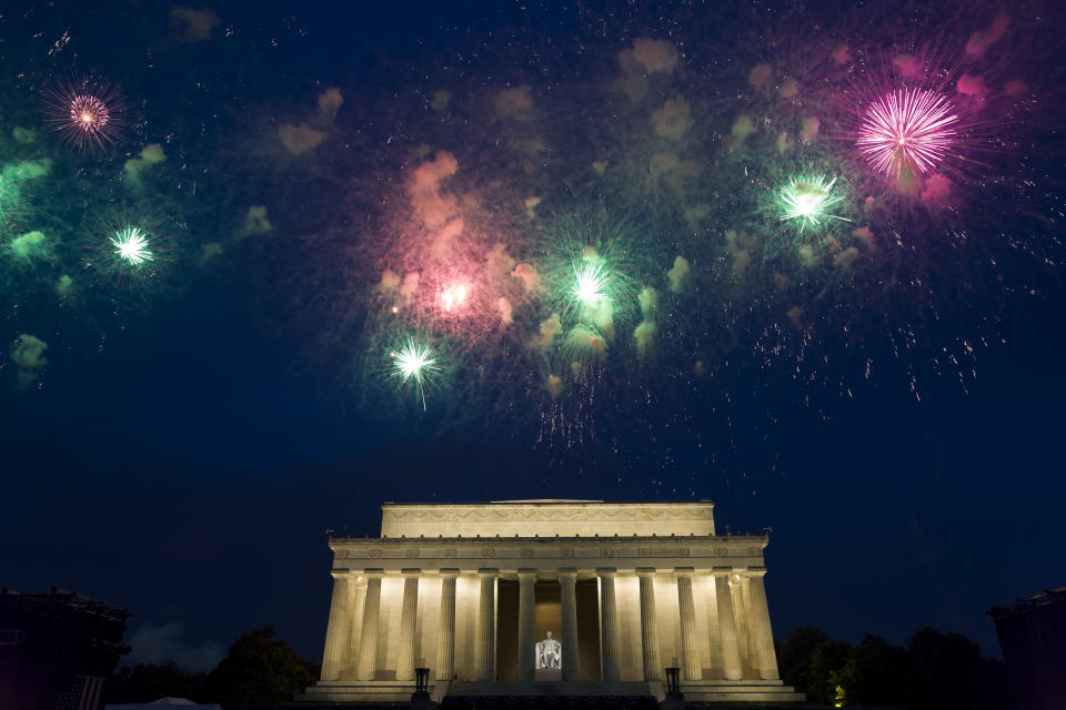 Fireworks light the sky near the Lincoln Memorial, Thursday, July 4, 2019, in Washington. (AP Photo/Alex Brandon)