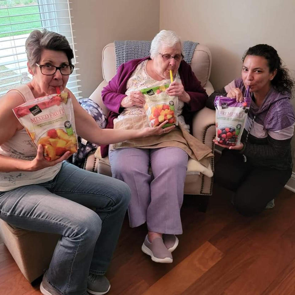Tracy Thomas says she knew surprising her 93-year-old grandmother, Marge, with her own adult juice pouch would be a Mother's Day hit — and it was. (Traci Brooks Thomas)