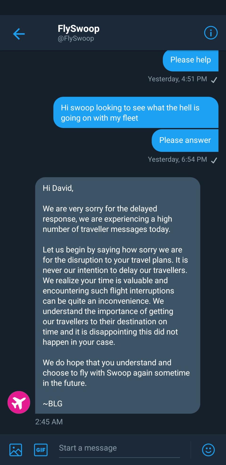 A message Swoop customer David Hallett received from Swoop via Twitter on December 2, 2018. (Provided by David Hallett)