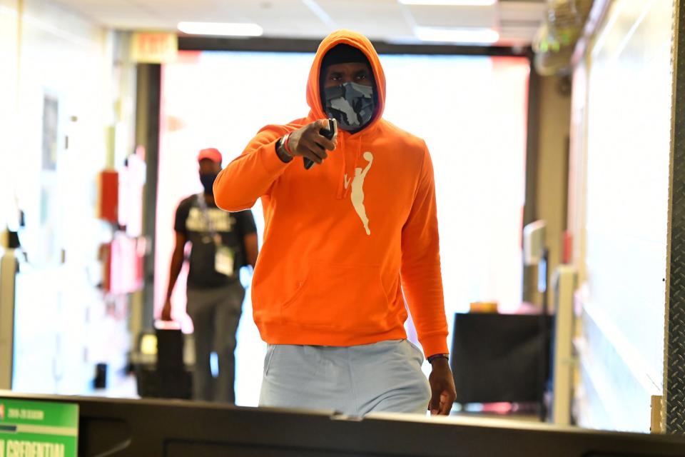 LeBron James dons the iconic orange WNBA hoodie in the NBA bubble.