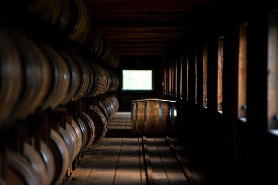 Bourbon barrels are aged in a warehouse at Maker’s Mark Distillery in Loretto, Ky., which is located in Marion County.