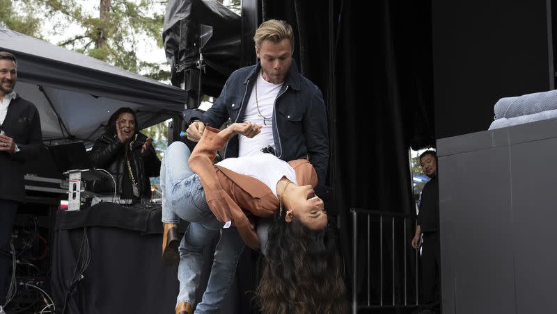 Derek Hough, left, and Hayley Erbert attend day three of the BottleRock Napa Valley Music Festival on Sunday, May 28, 2023, at the Napa Valley Expo in Napa, California. Hough and Erbert have opened up to fans in a new video about Erbert’s recent health scare. 