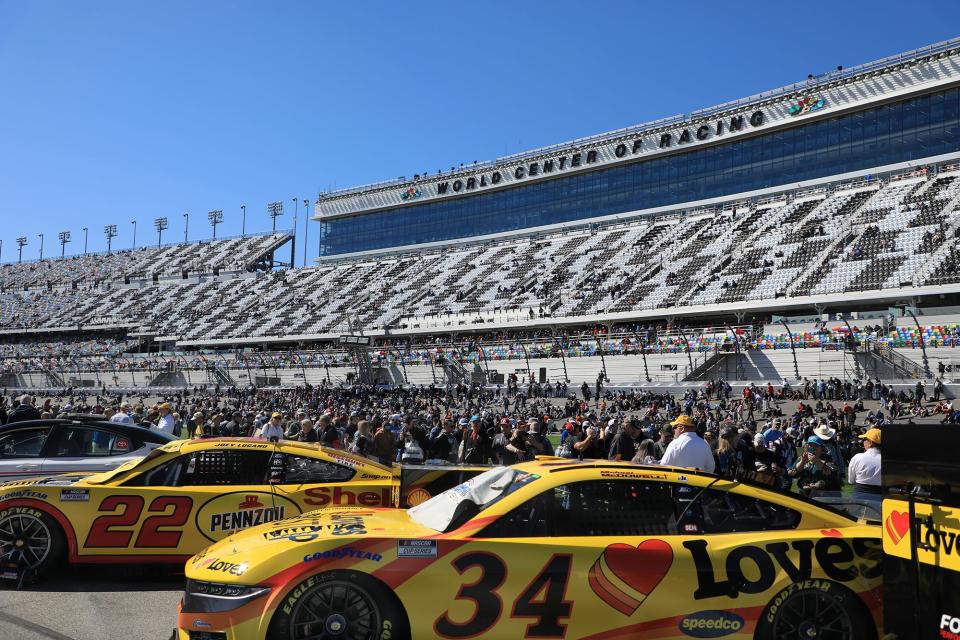 NASCAR fans fill the infield before the start of the Daytona 500 on Monday, Feb. 19, 2024 at Daytona International Speedway.