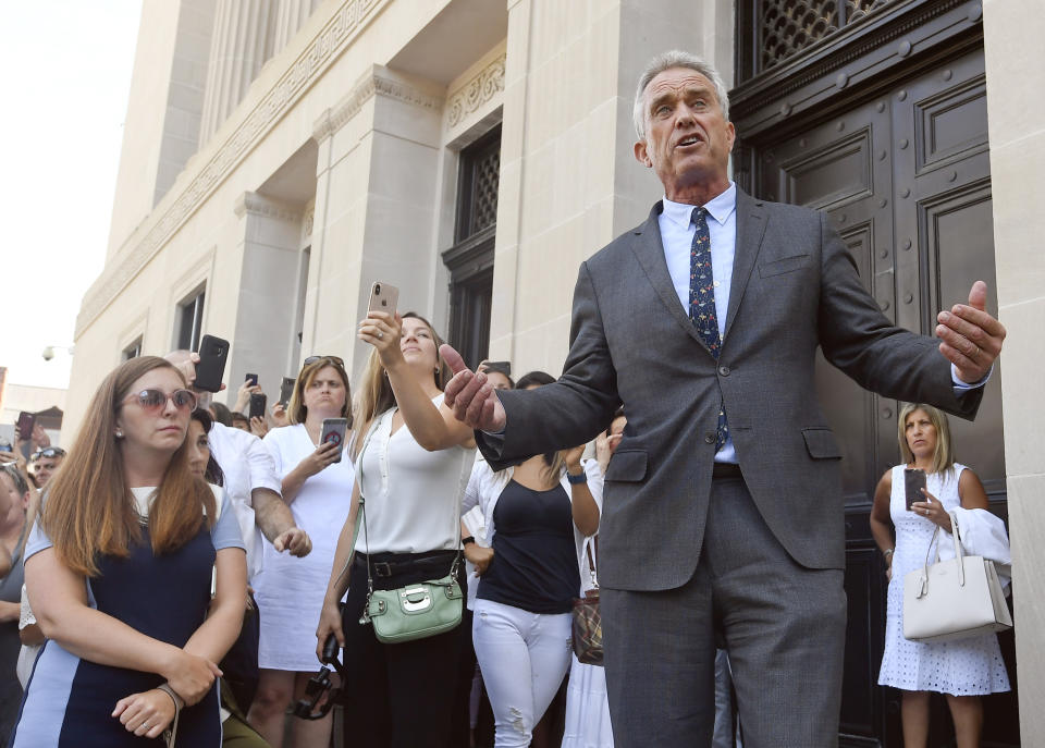 FILE - Attorney Robert F. Kennedy Jr. speaks outside the Albany County Courthouse, Aug. 14, 2019, in Albany, N.Y. Kennedy Jr., an anti-vaccine activist and scion of one of the country’s most famous political families, is running for president. Kennedy, a Democrat, filed a statement of candidacy Wednesday, April 6, 2023, with the Federal Election Commission. (AP Photo/Hans Pennink, File)