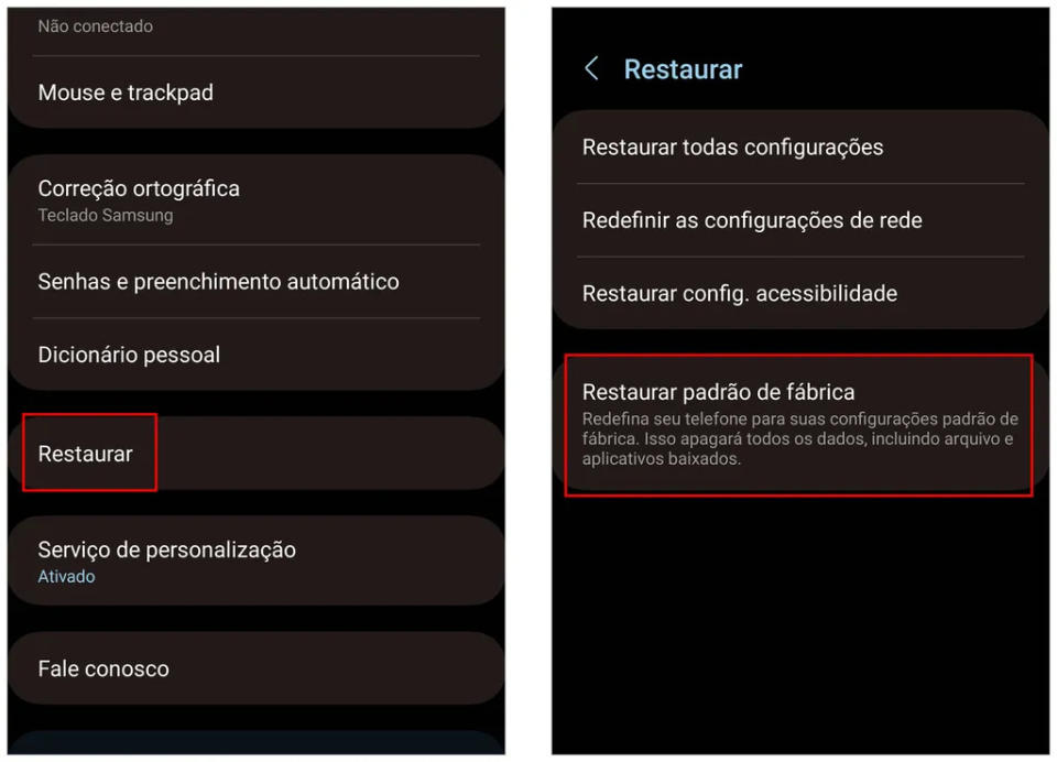 No Android, caminho para restaurar o celular é feito pelas configurações (Imagem: Captura de tela/André Magalhães/Canaltech)