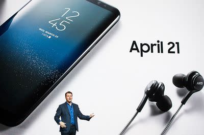 Justin Denison, senior vice president of marketing for Samsung Electronics Co., speaks during the Samsung Unpacked product launch event in New York, U.S., on Wednesday, March 29, 2017. Samsung Electronics Co. packed the Galaxy S8 smartphone with a plethora of new features: taller, curved screens, encrypted facial recognition, deeper display colors, system-wide voice control and the ability to turn into a desktop computer. Photographer: Mark Kauzlarich/Bloomberg