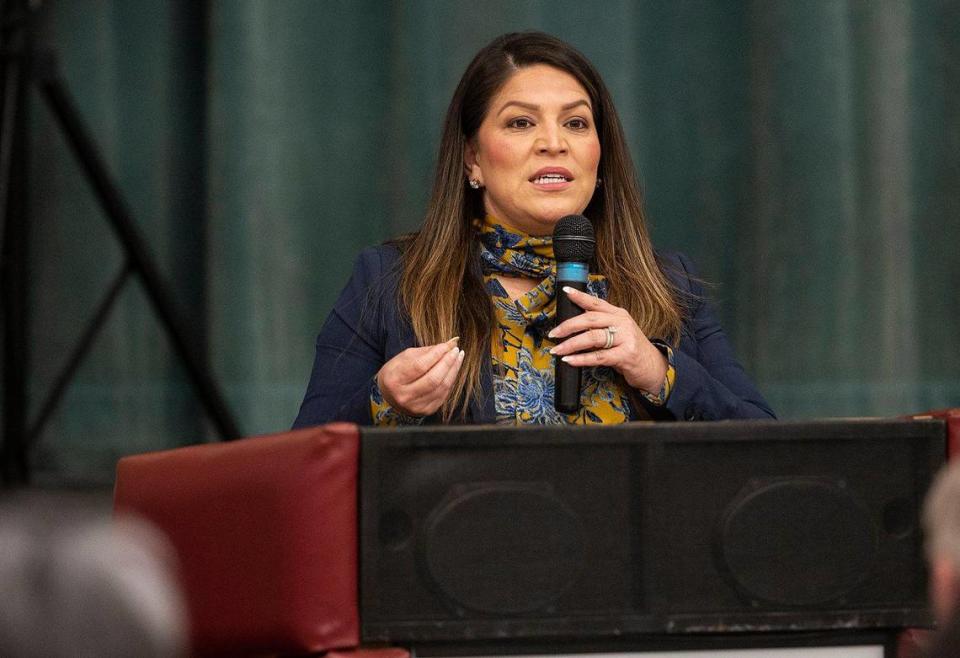 California State Assemblymember Esmeralda Soria speaks during a groundbreaking ceremony on the campus of Delhi High School in Delhi, Calif., on Tuesday, Feb. 21, 2023.