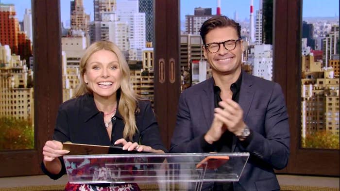 Kelly Ripa and Ryan Seacrest speak during the 48th Annual Daytime Emmy Awards broadcast on June 25, 2021. 