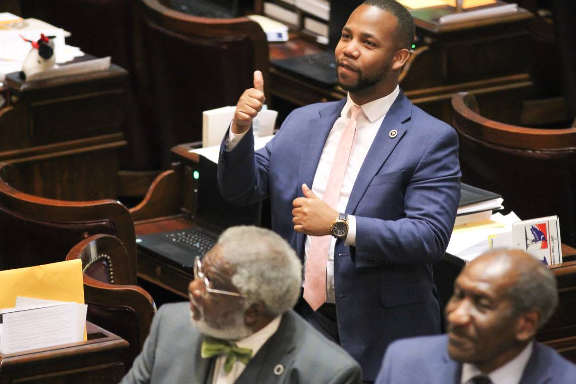 Rep. Deon Tedder gives a thumbs up to guests in the gallery during a House of Representatives session in Columbia, S.C. on Tuesday, March 29, 2022. (Travis Bell/STATEHOUSE CAROLINA)