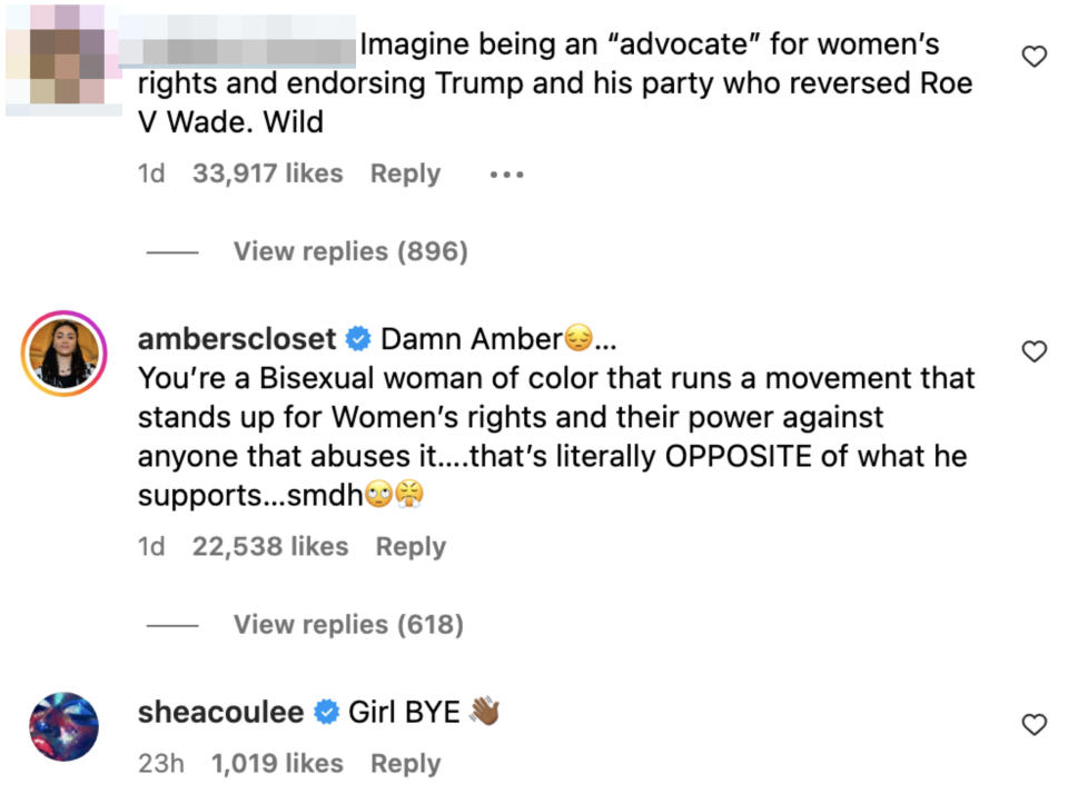 Screenshot of Instagram comments. criticizes Trump and GOP for reversing Roe v Wade. User amberscloset accuses Amber of hypocrisy. User sheacoulee dismisses Amber