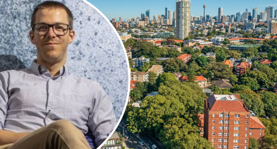 Better Renting's Joel Dingam next to shot of Sydney suburb