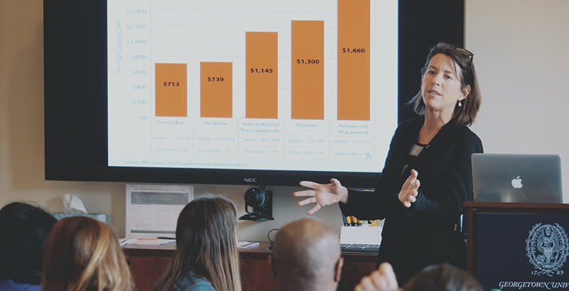 Marguerite Roza, director of Georgetown University’s Edunomics Lab, gives a school finance workshop prior to the pandemic. (Edunomics Lab, Georgetown University)