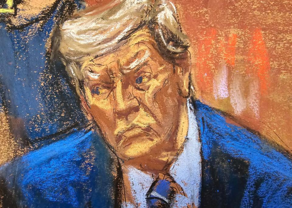 In this courtroom sketch, former President Donald Trump attends jury selection for his hush-money criminal trial in New York on April 16, 2024.