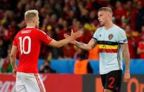 Football Soccer - Wales v Belgium - EURO 2016 - Quarter Final - Stade Pierre-Mauroy, Lille, France - 1/7/16 Wales' Aaron Ramsey and Belgium's Toby Alderweireld at the end of the game REUTERS/Pascal Rossignol Livepic