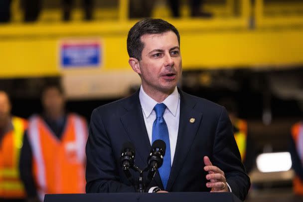PHOTO: Transportation Secretary Pete Buttigieg gives a speech on the Hudson River tunnel project at the West Side Yard on Jan. 31, 2023, in New York City. (Michael M. Santiago/Getty Images, FILE)
