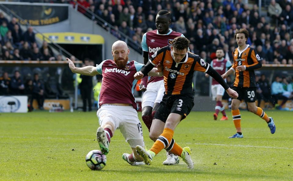 <p>Hull City’s Andrew Robertson scores their first goal </p>