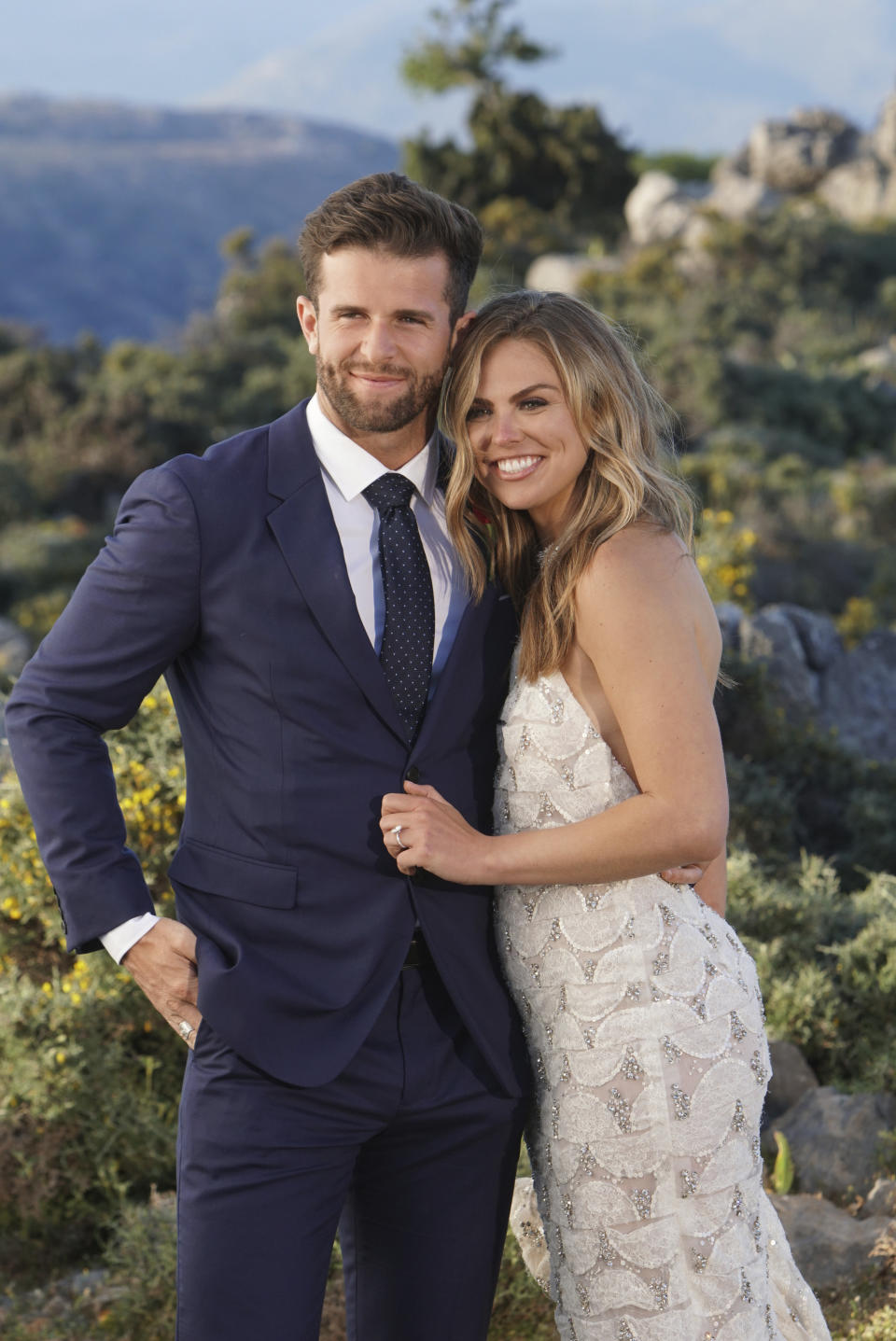 This image released by ABC shows Jed Wyatt, left, and Hannah Brown from the season finale of "The Bachelorette." On Tuesday’s finale, viewers saw Brown get engaged to Jed Wyatt. Their happiness was short-lived because the day after their engagement she learned he had a girlfriend when he joined the show. Cameras rolled as she confronted him for more information. (Mark Bourdillon/ABC via AP)