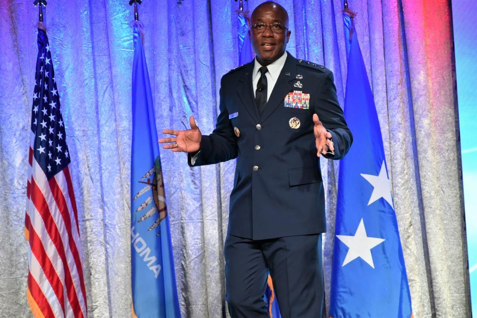 Lt. Gen. Stacey T. Hawkins, commander of the Air Force Sustainment Center, speaks during a presentation.