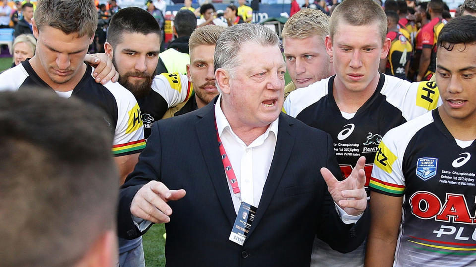 Phil Gould talking to the Penrith team.