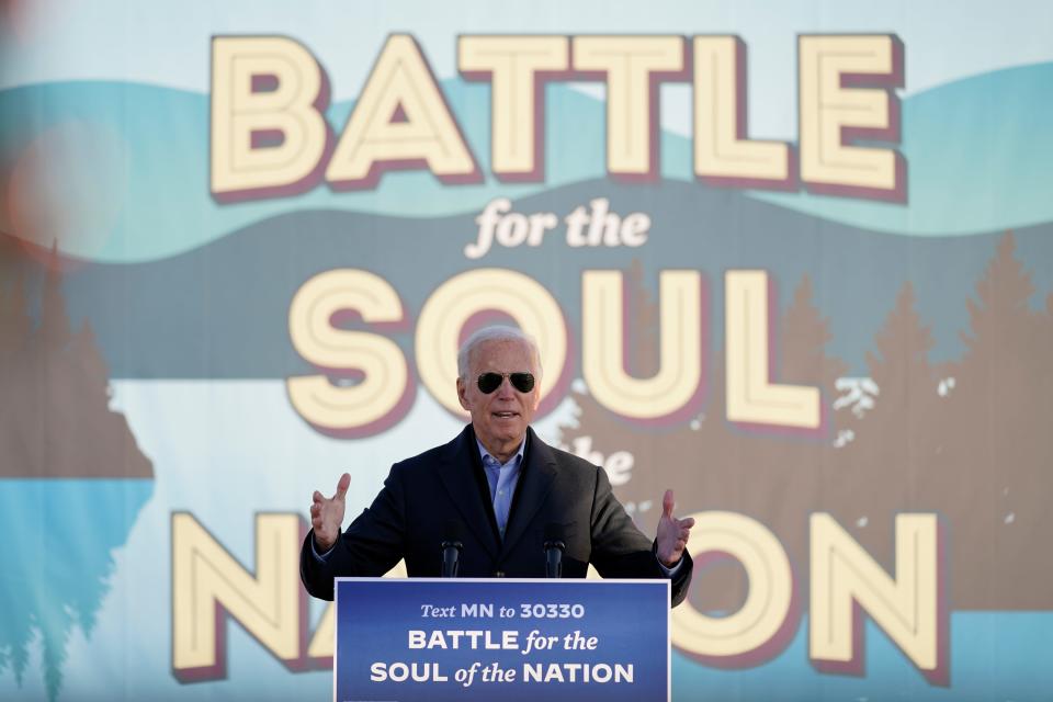 Democratic presidential candidate Joe Biden speaks at a rally at the Minnesota State Fairgrounds in St. Paul on Oct. 30.