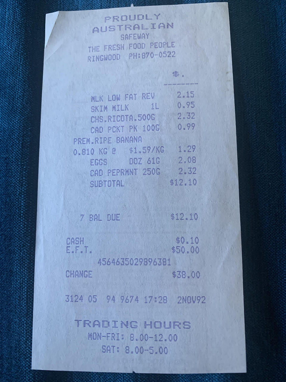 Safeway supermarket receipt dated 2 November 1992