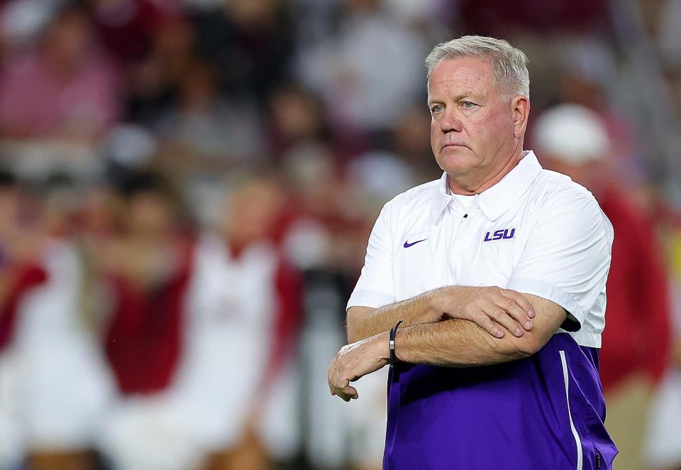 TUSCALOOSA, ALABAMA - NOVEMBER 04: Head coach Brian Kelly of the LSU Tigers looks on prior to facing the Alabama Crimson Tide at Bryant-Denny Stadium on November 04, 2023 in Tuscaloosa, Alabama. (Photo by Kevin C. Cox/Getty Images)