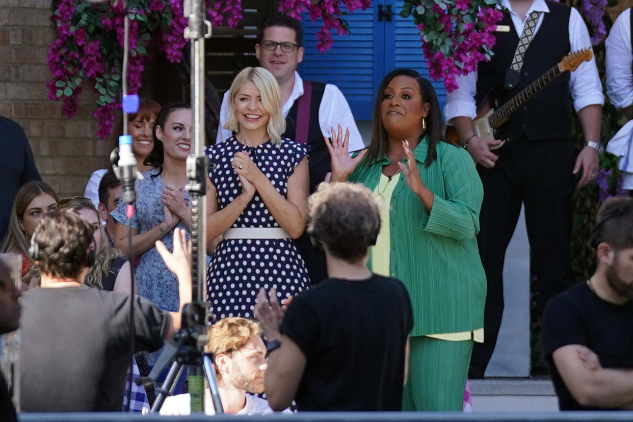 Holly Willoughby (left), with co-presenter Alison Hammond, films an outdoor segment for This Morning at the BBC Studioworks facility in White City, London, on her first day back on the show following her summer break. It is expected that a rotating line-up of presenters will sit alongside her following Phillip Schofield's departure. Picture date: Monday September 4, 2023. (Photo by Lucy North/PA Images via Getty Images)