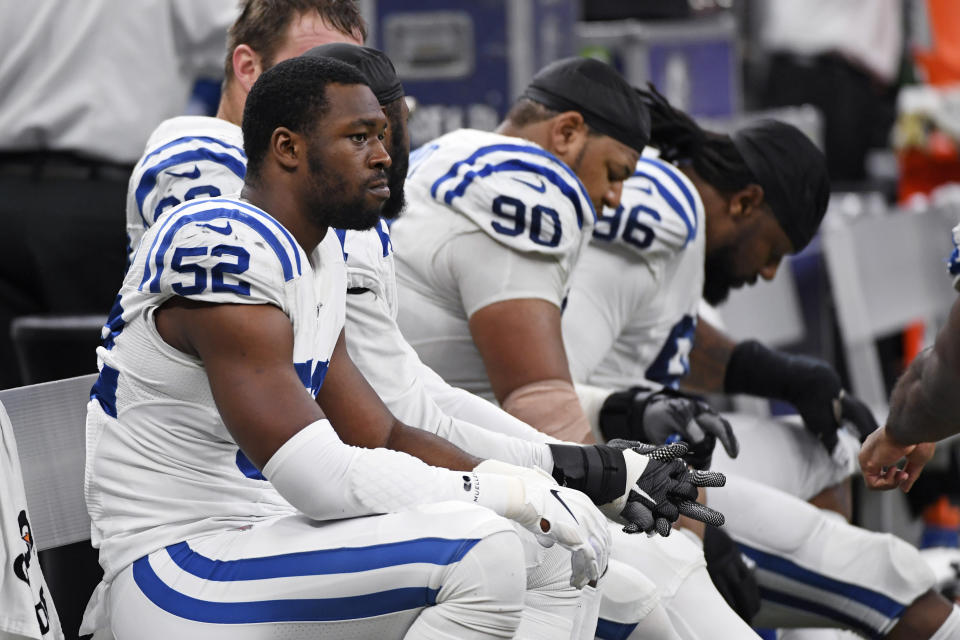 Indianapolis Colts defensive end Ben Banogu (52) stings on the bench in the second half of an NFL football game against the New Orleans Saints in New Orleans, Monday, Dec. 16, 2019. The Saints won 34-7. (AP Photo/Bill Feig)